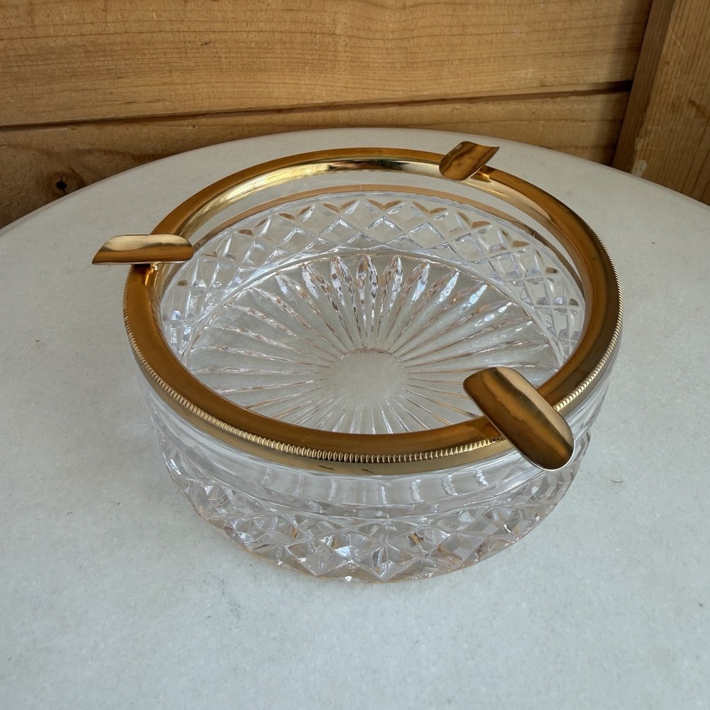 Vintage MCM‎ Cut Crystal Glass Ashtray W/Gold Tone Ormolu Brass Rim Diamond Cut